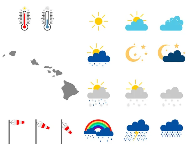 Mapa de Hawai con símbolos meteorológicos — Vector de stock