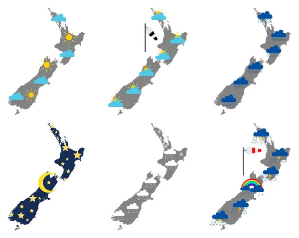 Çeşitli hava sembolleri ile Yeni Zelanda Haritaları — Stok Vektör