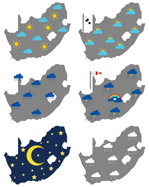 Mapas da África do Sul com vários símbolos meteorológicos — Vetor de Stock