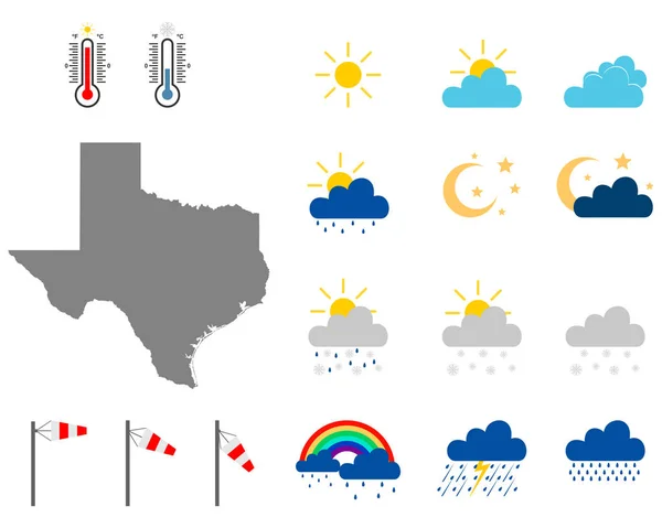 Mapa de Texas con símbolos meteorológicos — Vector de stock