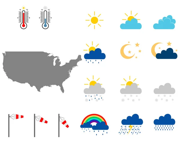 Mapa de los Estados Unidos con símbolos meteorológicos — Vector de stock