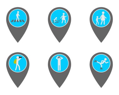 Location pins with symbols of travel clipart