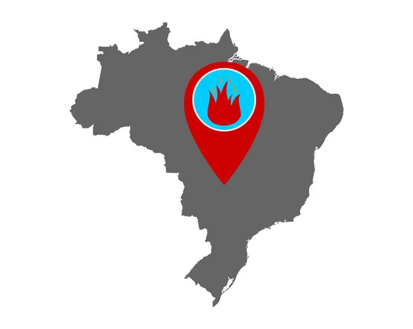 Mapa de Brasil y pin con advertencia de incendio — Archivo Imágenes Vectoriales