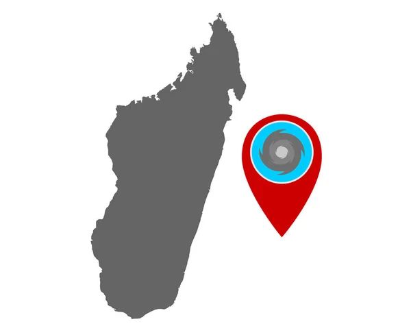 Madagaskar haritası ve kasırga uyarısı ile pin — Stok Vektör