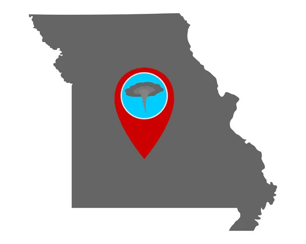Mapa de Missouri y pin tornado advertencia — Vector de stock