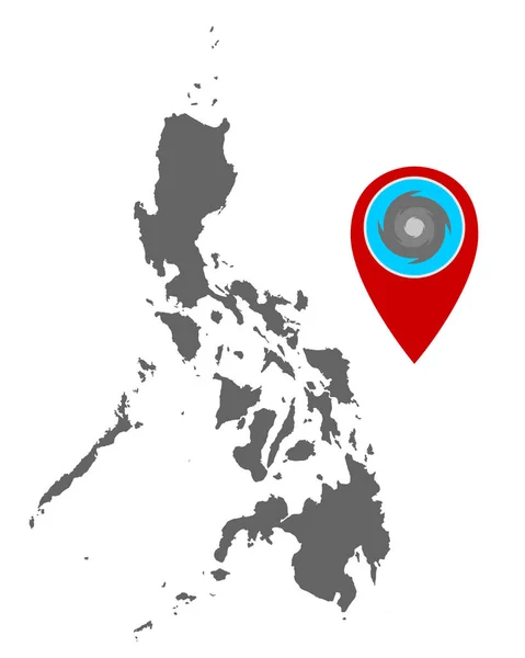Carte des Philippines et épinglette avec avertissement d'ouragan — Image vectorielle