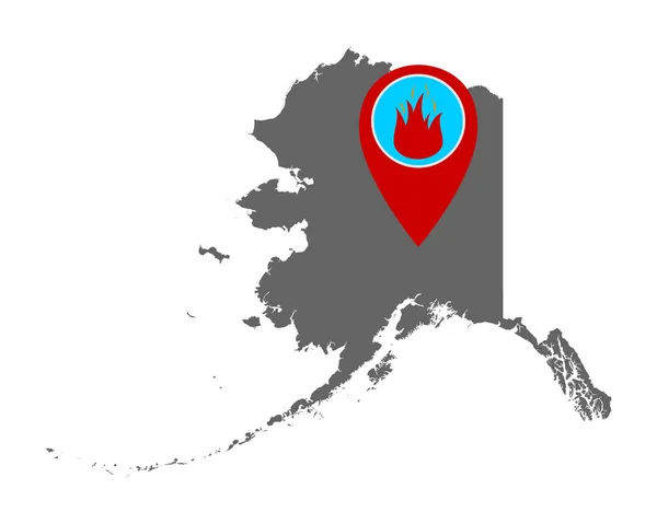 Kaart van Alaska en pin met brand waarschuwing — Stockvector