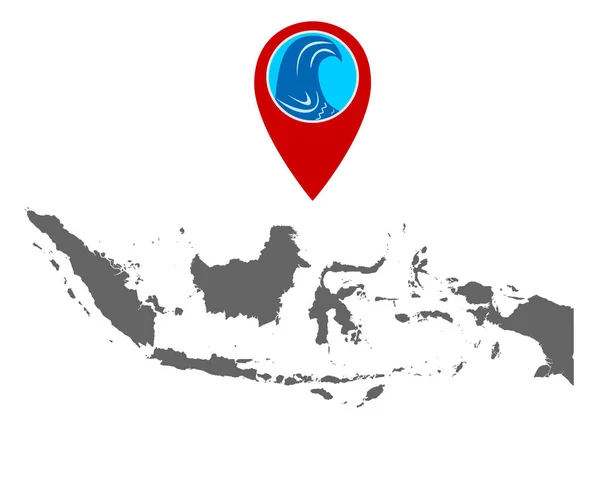 Mapa de Indonesia y pin con advertencia de tsunami — Vector de stock