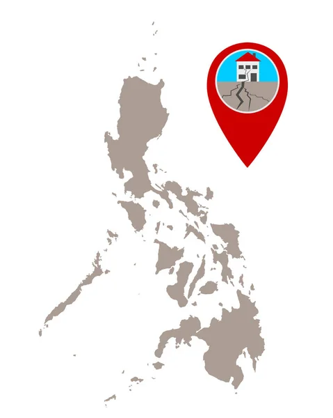 Mappa delle Filippine e pin con simbolo del terremoto — Vettoriale Stock