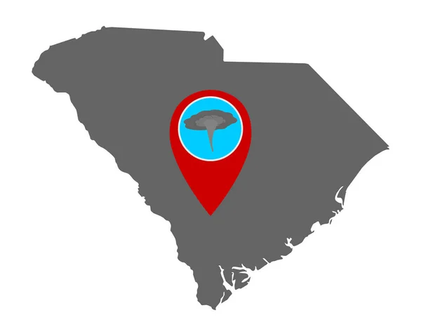 Mapa de Carolina del Sur y alerta de tornado pin — Vector de stock