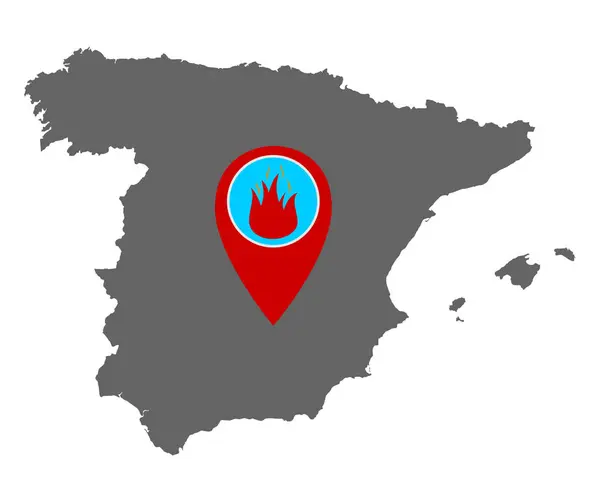 Mapa da Espanha e pin com aviso de incêndio — Vetor de Stock