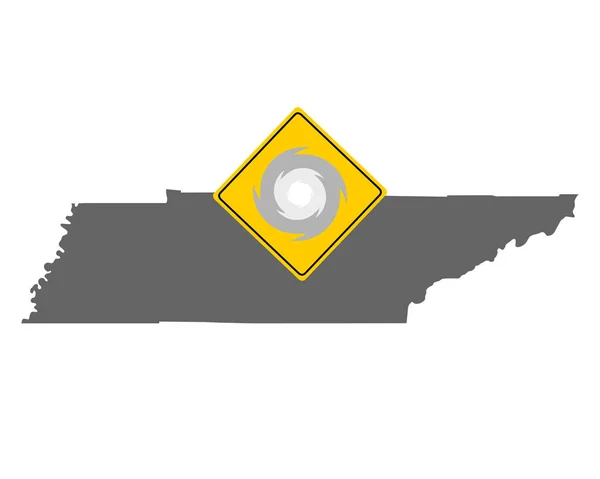 Mapa de Tennessee y señal de tráfico advertencia de huracán — Vector de stock