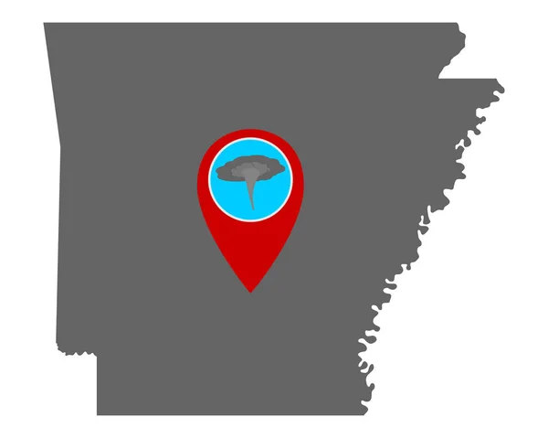 Mapa de Arkansas y alerta de tornado pin — Vector de stock