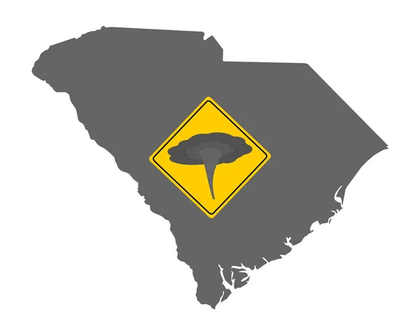 Mapa de Carolina del Sur y señal de tráfico tornado advertencia — Vector de stock