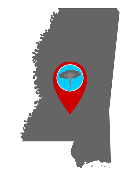 Mapa Mississippi Alerta Tornado Pin — Vector de stock
