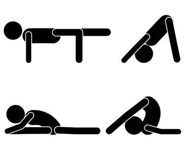Beyaz arkaplanda çeşitli yoga pozları gösteriliyor