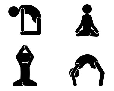 Beyaz arkaplanda çeşitli yoga pozları gösteriliyor