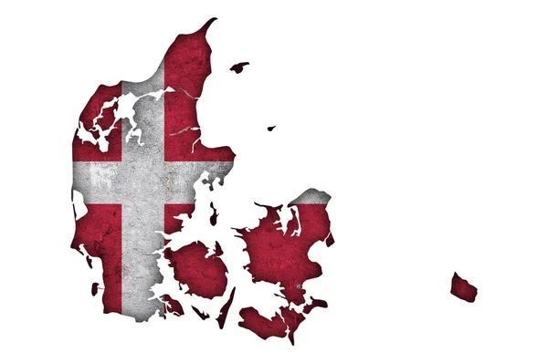 Karta Och Flagga Över Danmark Väderbevuxen Betong — Stockfoto