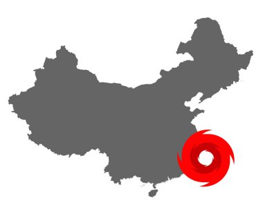 Çin haritası ve kasırga sembolü.