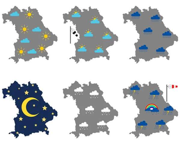 Mapas Baviera Con Varios Símbolos Meteorológicos — Archivo Imágenes Vectoriales