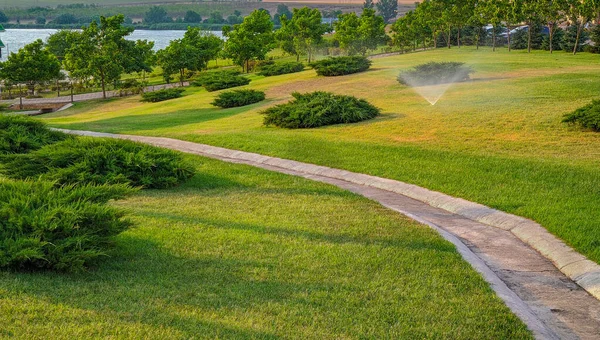 Hermoso Paisaje Con Árboles Arbustos Césped Verde Río Imágenes de stock libres de derechos