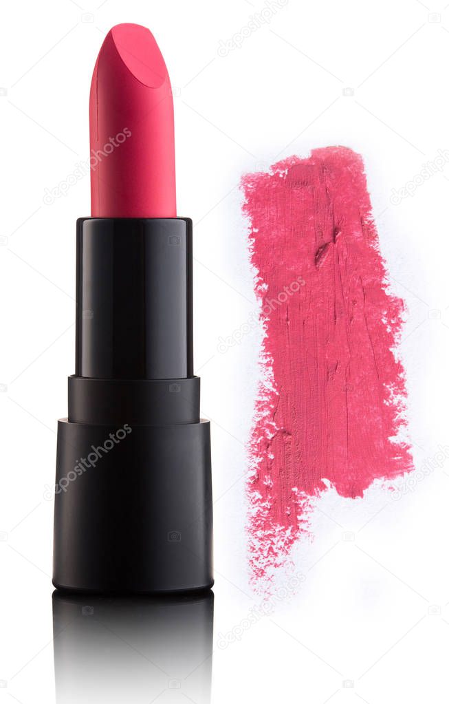 Color lipstick with smudged stroke isolated on white