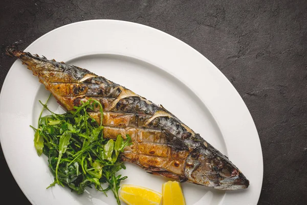 Grilled Mackerel Fillets Lemon Black Slate Board — Stock Photo, Image