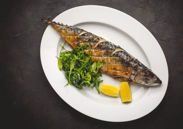 Grilled Mackerel Fillets Lemon Black Slate Board — Stock Photo, Image