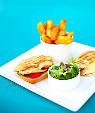 Tavuklu sandviç salata ve beyaz plaka üzerinde kızarmış patates ile