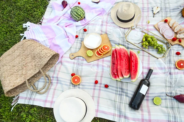 Picknick Mit Weißwein Auf Grünem Gras — Stockfoto