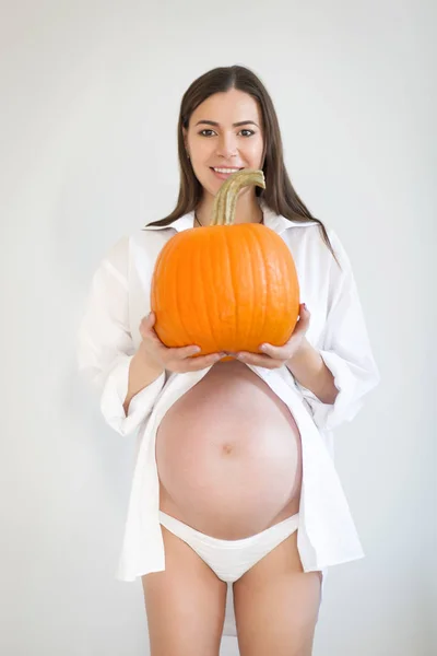 Pregnant Woman Large Pumpkin Healthy Concept Close — Stock Photo, Image