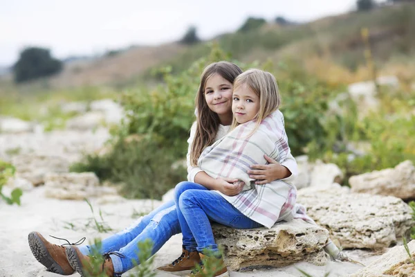 Happy Sisters Outdoors Plaid Hugging Love Care Concept — Stock Photo, Image
