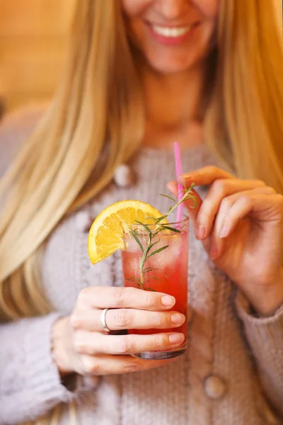 Young Pretty Woman Red Cocktail Decorated Rosemary Orange Close — Stock Photo, Image