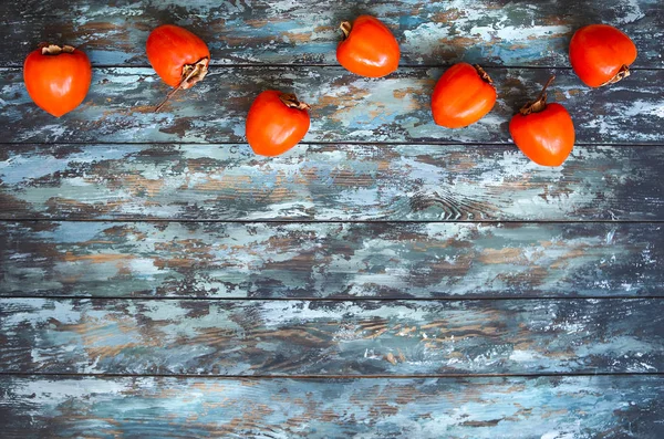 Top View Ripe Persimmons Wooden Rustic Table Copy Space — Stock Photo, Image