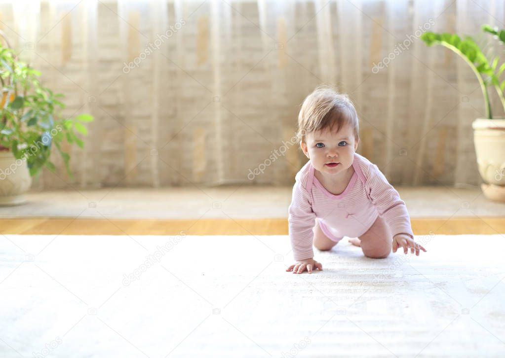 Portrait of the eight month caucasian baby at home