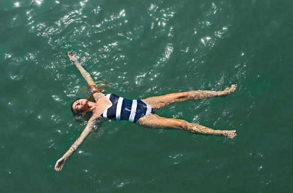 Aerial Top View Girl White Blue Swimsuit Sea — Stock Photo, Image