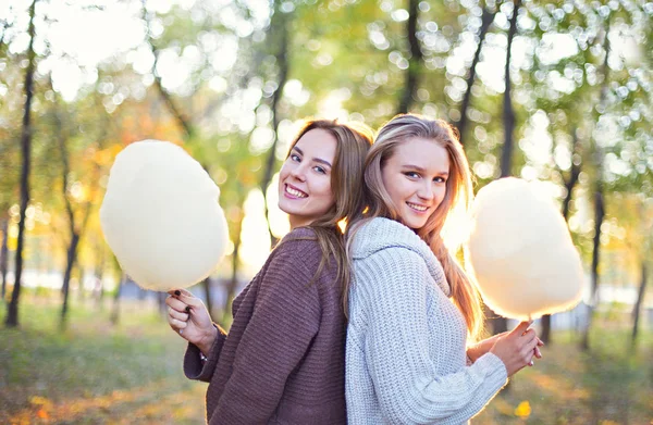 Bonitas Namoradas Bonitas Moda Com Algodão Doce Juntos Fundo Parque — Fotografia de Stock