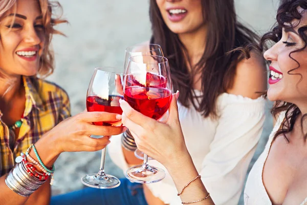 夏ビーチ ピクニックにバラのワインのグラスと幸せな女性の友人 — ストック写真
