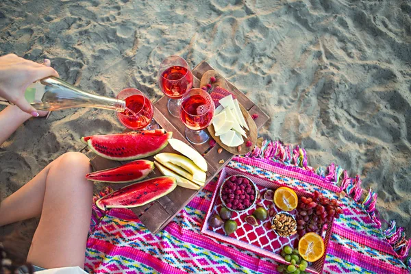 Outdoor Picnic Rose Wine Fruits Nuts Meat Cheese — Stock Photo, Image