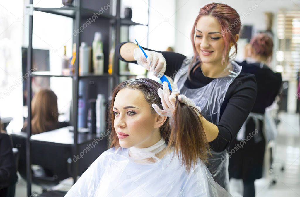 Professional female hairdresser applying color to female customer at design hair salon, woman having her hair dyed. Hair dye colouring in process 
