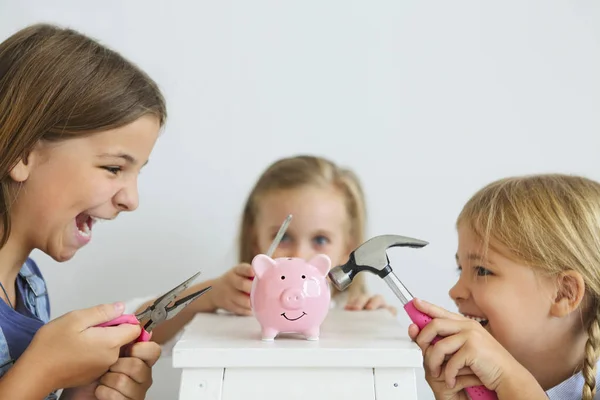 Kids Screwdriver Pliers Hammer Pink Pig Piggy Bank White Background — Stock Photo, Image