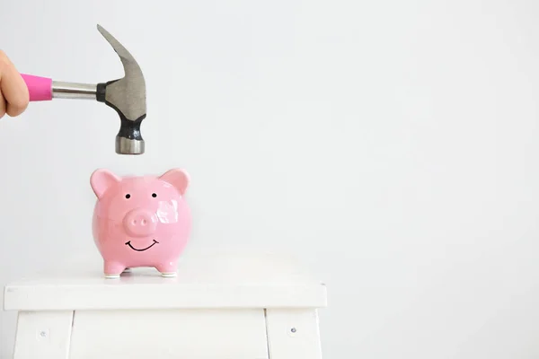 Pink Pig Piggy Bank Hammer White Background Copy Space — Stock Photo, Image