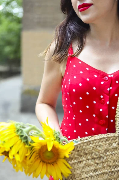 Mooie Jonge Vrouw Rode Polka Dots Jurk Bedrijf Mand Met — Stockfoto