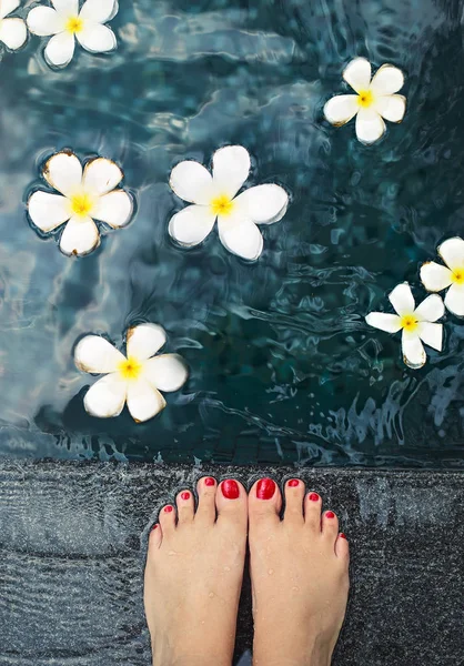 Hermosos Pies Femeninos Piscina Con Flores Frangipani Blanco —  Fotos de Stock