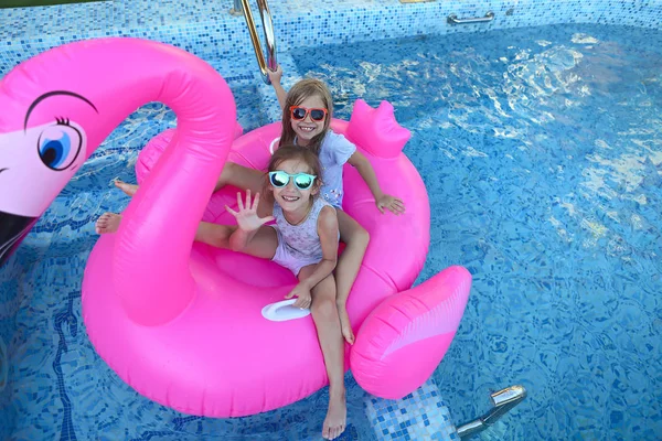 两个女孩戴着太阳镜的肖像 快乐的朋友在充气火烈鸟游泳漂浮 享受夏天的泳池派对 — 图库照片
