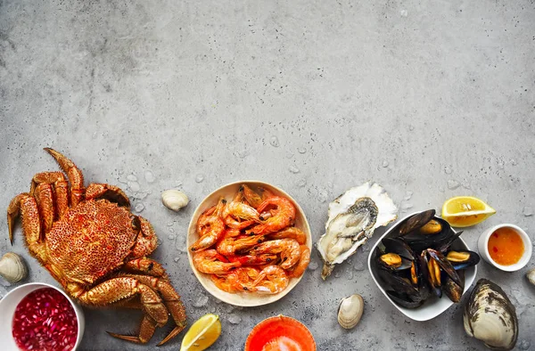 Freshly Variety Sea Food Gray Kitchen Table Top View — Stock Photo, Image