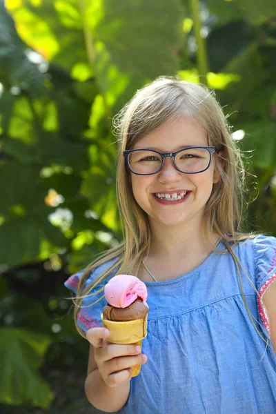 Portrait Cute Little Girl Funny Expression Holding Ice Cream Cone — Stock Photo, Image