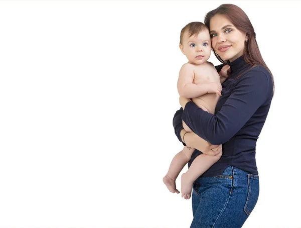 Liefdevolle Moeder Haar Babymeisje Geïsoleerd Witte Achtergrond — Stockfoto