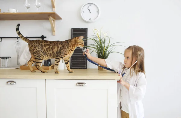 小さな女の子が台所で子猫と獣医遊んで 動物の世話の概念 — ストック写真