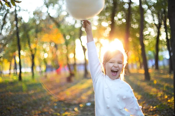 Piccola ragazza carina con zucchero filato nel parco autunnale sfondo — Foto Stock